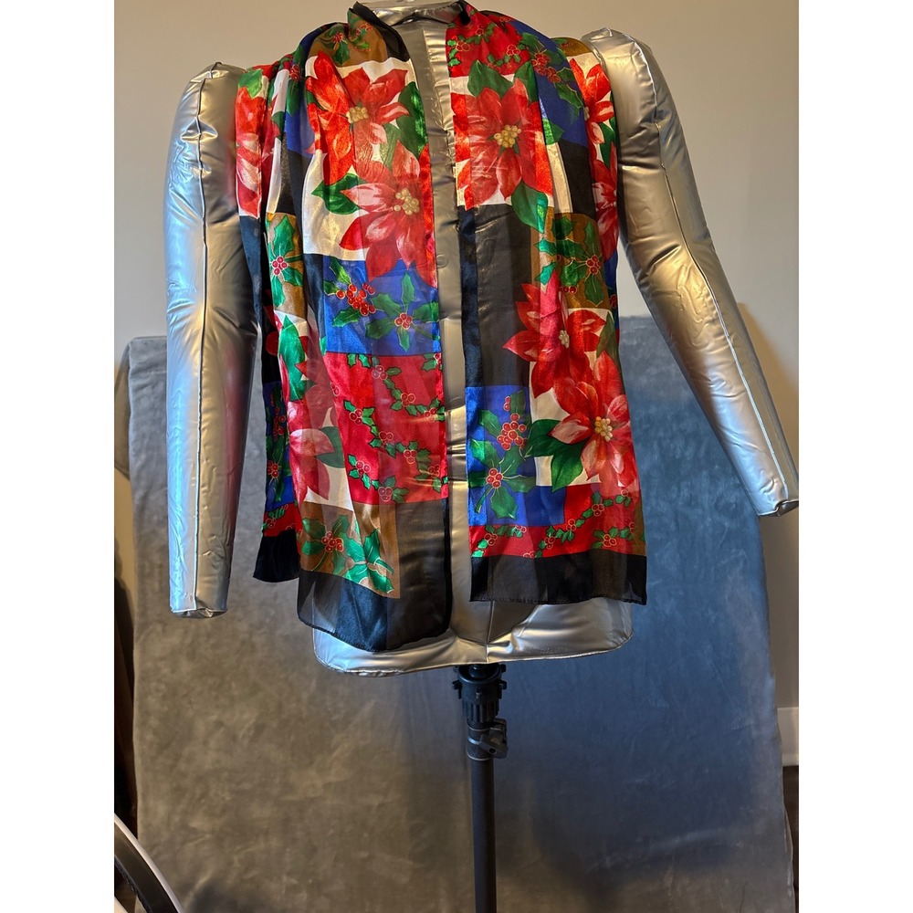 Christmas Poinsettia Holly Patchwork Scarf Red Green Blue Holiday Accessory